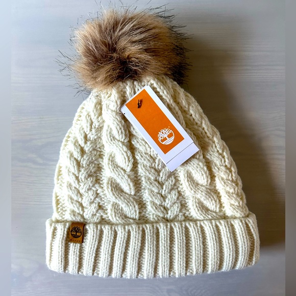 Timberland Accessories - Timberland Cream Cable Knit Lined Pom Beanie Faux Fur OS